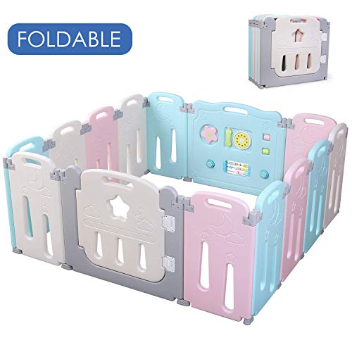 Product Cover POTBY Foldable Baby Playpen 14 Panel Activity Center Safety Playard with Lock Door,Kid's Fence Indoor Outdoor,Free Installation,Double Layer Clasp and Anti-Slip Base for Children 10 months~6 Years Old