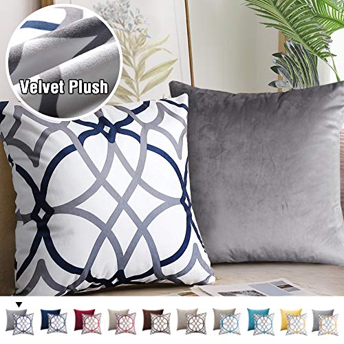 Product Cover Pack of 2 Elegant Natural Feeling Decorative Throw Pillow Covers Soft Luxury Warm Series Square Cushion Case for Sofa Bedroom 18 x 18 Inch,Grey and Navy Geo Pattern Matched with Solid Grey