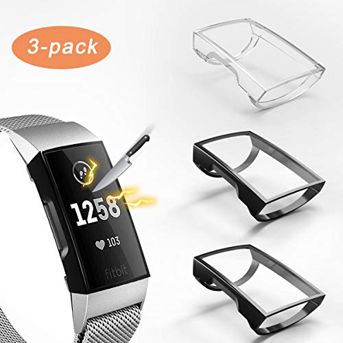 Product Cover 3 Pack Compatible with Fitbit Charge 3 Screen Protector,Valband Ultra Slim Soft Full Cover Case [Scratch-Proof] Bumper for Fitbit Charge 3 and Fitbit Charge 3 SE (Clear,Black,Black)