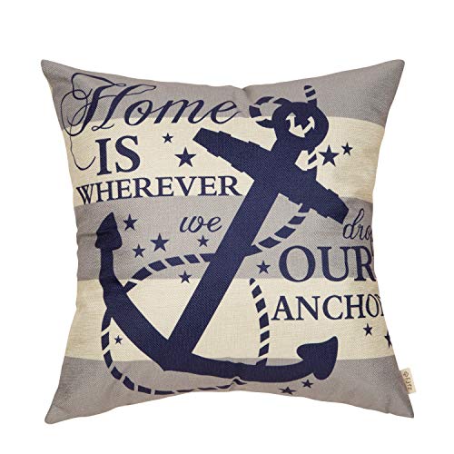 Product Cover Fjfz Nautical Farmhouse Decorative Throw Pillow Cover Home is Wherever We Drop Our Anchor Quote Sign Summer Cruise Lover Decoration Home Decor Cotton Linen Cushion Case for Sofa Couch, 18