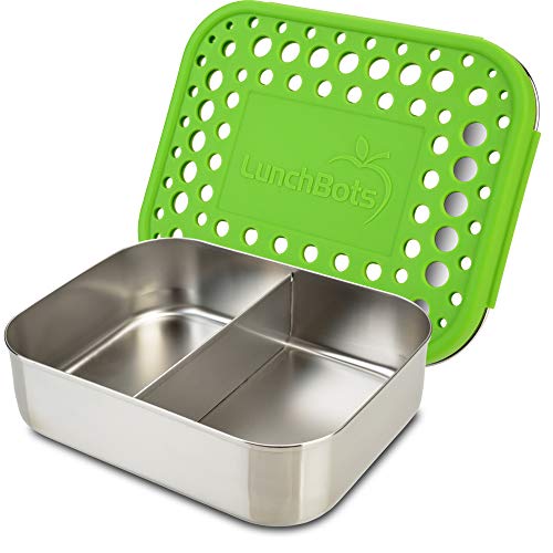 Product Cover LunchBots Medium Duo Snack Container - Divided Stainless Steel Food Container - Two Sections for Half Sandwich and a Side - Eco-Friendly - Dishwasher Safe - Stainless Lid - Green Dots