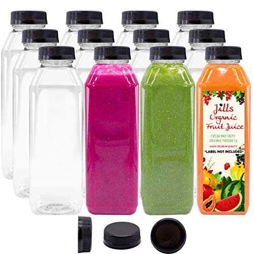 Product Cover 12 OZ Empty PET Plastic Juice Bottles - Pack of 12 BPA Free Reusable Clear Disposable Milk Bulk Containers with Black Tamper Evident Caps Lids
