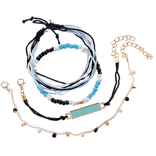Product Cover Handmade Braided Wax Rope Adjustable Strand Wrap Bracelet Set Waterproof Wave Shell Charm Stretch Knot String Thread Bracelets Friendship Jewelry (F)