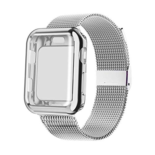 Product Cover YC YANCH Compatible with Apple Watch Band 38mm 40mm 42mm 44mm with Case, Stainless Steel Mesh Loop Band with Apple Watch Screen Protector Compatible with iWatch Series 1/2/3/4/5 (Silver, 38mm)