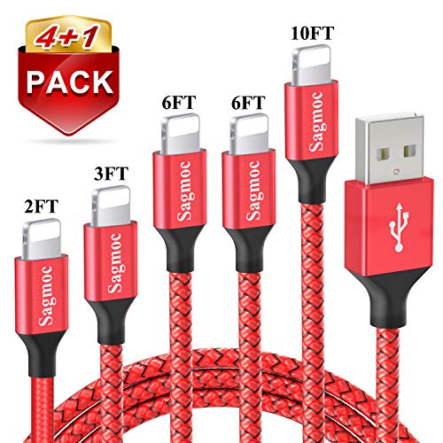 Product Cover Phone Charger Cable Red with Highspeed - Sagmoc USB Cord Nylon Braided 【4+1Pack】 10FT 2x6FT 3FT 2FT Compatible with XS/XS MAX/XR/X/8/8Plus/7/7Plus/6/6Plus/6s/6sPlus/5/5s/AIR/PRO and More