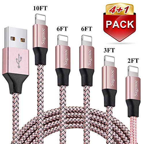 Product Cover Phone Charger Cable Rose Gold - Sagmoc USB Cord with Highspeed Nylon Braided 【4+1Pack】 10FT 2x6FT 3FT 2FT Compatible with XS/XS MAX/XR/X/8/8Plus/7/7Plus/6/6Plus/6s/6sPlus/5/5s/AIR/PRO and More