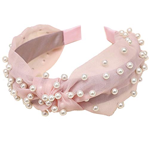 Product Cover lightclub Solid Color Colorful Candy Color Summer Wide Band Sweet Women Faux Pearl Beading Twist Knotted Mesh Hair Hoop Headband Headwear Pink