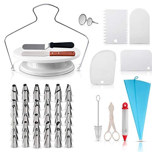 Product Cover 73 pcs Cake Decorating Supplies, Tasera cake decorating kit With Rotating Turntable Stand, Icing Piping Tips & Pastry Bags, Icing Spatula & Smoother
