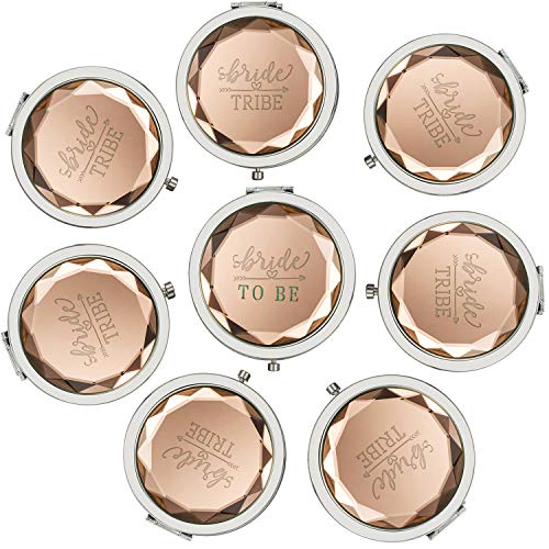 Product Cover Pack of 8 Compact Pocket Makeup Mirrors - 1 Bride to Be Makeup Mirror 7 Bride Tribe Makeup Mirrors and 8 Gift Bags for Bachelorette Party Bridal Shower Hen Party Bridesmaid Proposal Gifts (Champagne)