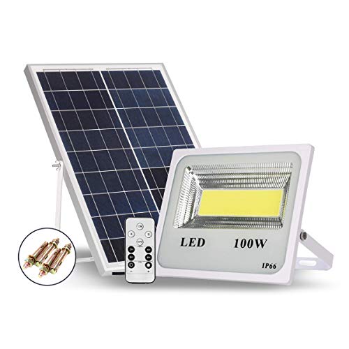 Product Cover Solar Flood Lights Outdoor - A Plus 100W Solar Powered Street Light, 120 LEDs 6000 Lumens Waterproof IP66 with Remote Control Security Lighting for Yard, Garden, Gutter, Swimming Pool, Path