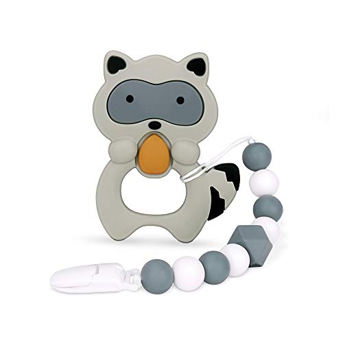 Product Cover moopok Baby Teething Toys, Teething Pain Relief, Silicone Teether with Pacifier Clip Natural BPA Free Raccoon for Freezer - Best Newborn Shower Gifts for Trendy Boy or Girl