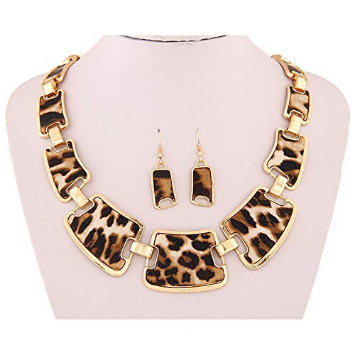 Product Cover 2019 Fashion New Gold Tone Style Leopard Grain Necklace Collar Bib +Earrings Jewelry Set for Women Girl Jewelry Gift (Brown 3)