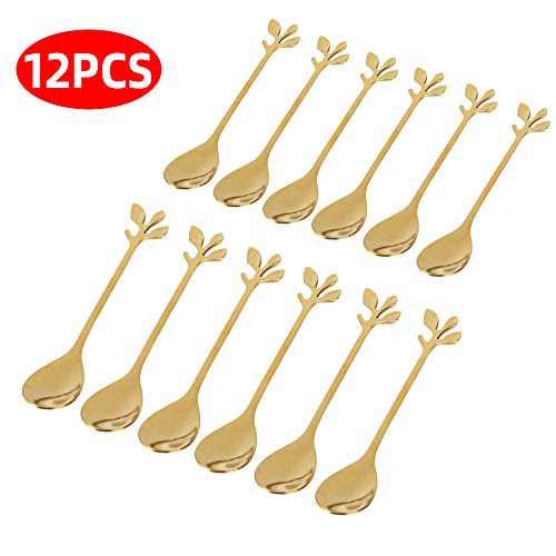 Product Cover Gold Leaf Coffee Spoon Soup Spoons Sugar Spoons, Ice-Cream Tea Stirring Spoons 4.8 Inches Retro Dessert Demitasse Espresso Spoons Cutlery Kitchen Tableware-Set of 12