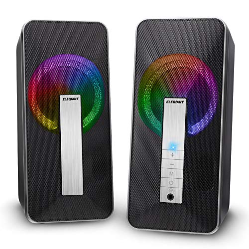 Product Cover Computer Speakers, ELEGIANT 10W Wired and Bluetooth 5.0 Speaker with Enhanced Stereo Bass Colorful LED Light, Dual-Channel Multimedia Speakers for PC Desktop Laptop Tablet Smartphones MP4 MP3