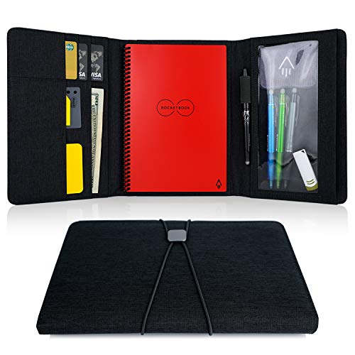 Product Cover Folio Cover for Rocketbook Everlast Fusion - Executive Size, Waterproof Fabric, Multi Organizer with Pen Loop, Zipper Pocket, Business Card Holder, fits A5 size Notebook, 9 x 6 inch, Black