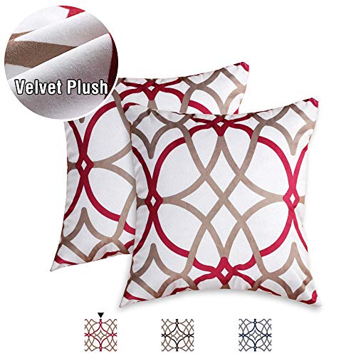 Product Cover H.VERSAILTEX Pillows Cover 2 Pack 18 x 18 inch Decorative Throw Pillows Machine Washable Ultra-Luxury Durable Velvet Plush Pillowcase for Hair and Skin with Hidden Zipper, Taupe and Red Geo Pattern