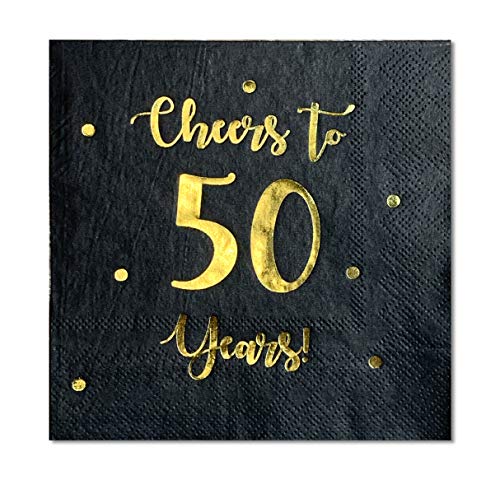 Product Cover Cheers to 50 Years Cocktail Napkins | Happy 50th Birthday Decorations for Men and Women and Wedding Anniversary Party Decorations | 50-Pack 3-Ply Napkins | 5 x 5 inch folded (Black)