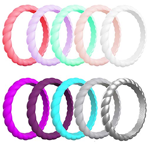 Product Cover Aowsun Silicone Wedding Ring for Women,10/4/1 Pack Sport Fan Rings,Thin Stackble Braided Rubber Wedding Bands,Comfortable&Durable, Skin Safe