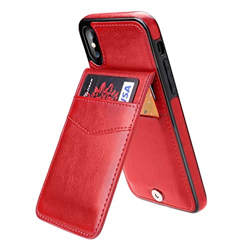 Product Cover KIHUWEY iPhone X iPhone Xs Case Wallet with Credit Card Holder, Premium Leather Magnetic Clasp Kickstand Heavy Duty Protective Cover for iPhone Xs/X 5.8 Inch (Red)
