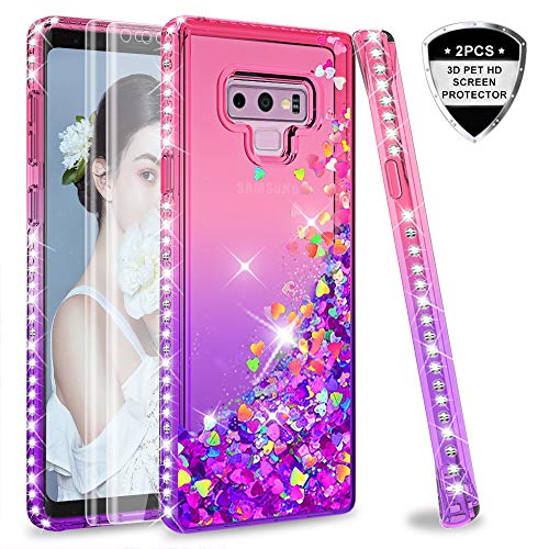 Product Cover Note 9 Glitter Case with 3D PET Screen Protector [2 Pack] for Girls Women, LeYi Bling Liquid Quicksand Clear TPU Protective Phone Case for Samsung Galaxy Note 9 Note9 ZX Pink/Purple