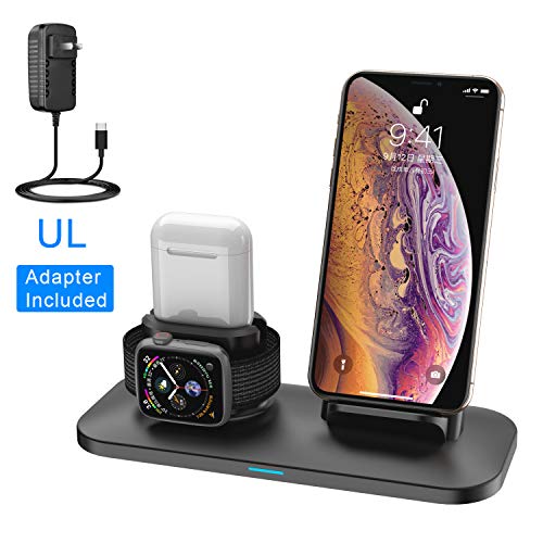 Product Cover 3 in 1 Wireless Charger Station Stand Pad for iPhone X/XS/XR/8/7/6s/Plus,Apple Watch Charger for Apple Watch 4/3/2/1 Airpods Charging Dock Stand for airpods 1 2