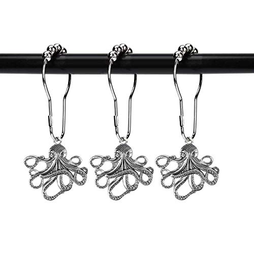 Product Cover ZILucky Set of 12 Octopus Shower Curtain Hooks Decorative Home Bathroom Squid Sea Creature Beast Stainless Steel Rustproof Brushed Nickel Rings with Octopus Decorative Accessories (Silver)
