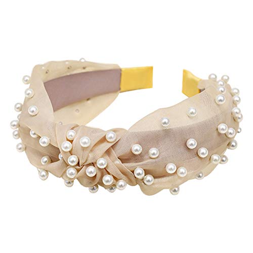 Product Cover lightclub Solid Color Colorful Candy Color Summer Wide Band Sweet Women Faux Pearl Beading Twist Knotted Mesh Hair Hoop Headband Headwear Khaki