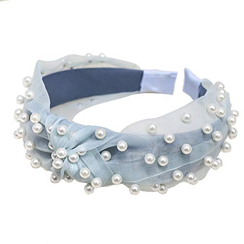 Product Cover lightclub Solid Color Colorful Candy Color Summer Wide Band Sweet Women Faux Pearl Beading Twist Knotted Mesh Hair Hoop Headband Headwear Blue