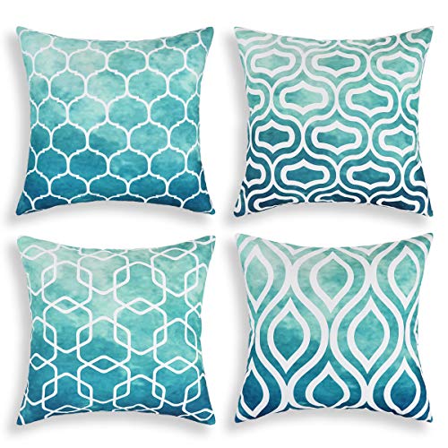 Product Cover BLEUM CADE Geometry Throw Pillow Covers Geometric Trellis Pillow Covers Set of 4 Decorative Throw Pillow Case for Sofa Bedroom Car (Blue, 18 X 18 Inch)