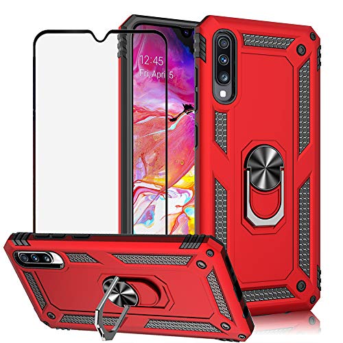 Product Cover BestShare for Samsung Galaxy A70 Case & Tempered Glass Screen Protector, Rugged Hybrid Armor Anti-Scratch Shockproof Kickstand Cover Compatible Magnetic Car Mount Ring Grip, Red