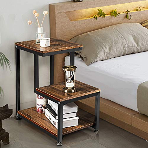 Product Cover Tangkula Sofa End Table, 3-Tier Nightstand with Storage Shelf, Sturdy Metal Frame, Ladder-Shaped Chair Side Table, Rustic Tabletop Industrial Storage Shelf for Living Room or Bedroom