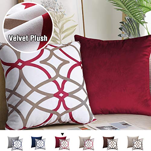 Product Cover H.VERSAILTEX Decorative New Luxury Series Style Modern Velvet Plush Highly Durable Geometric Rustic Printed Design Taupe and Red Geo Pattern Plus Solid Red Pillow Covers for Bed, 18 x 18 Inch
