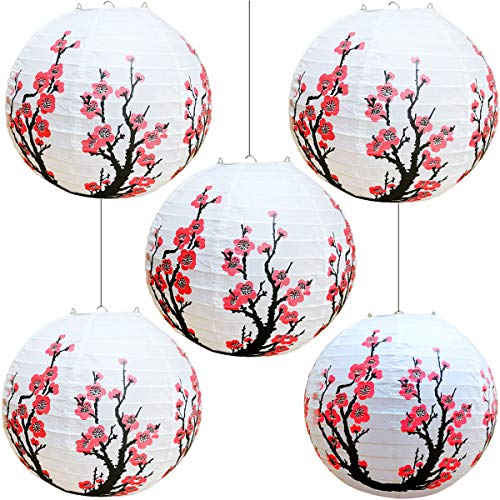 Product Cover Smeiker Set of 5 Red Sakura (Cherry) Flowers White Color Chinese/Japanese Paper Lantern/Lamp 12