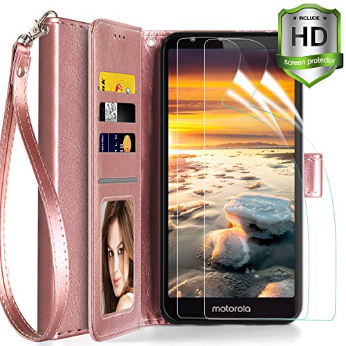 Product Cover Axiay Moto E6 Phone Case with 2 Pack HD Screen Protector,Motorola E6 Wallet Case with Leather Wrist Strap Flip Case,Card Slots Dual Layers Protective Shock Absorption Phone Cover ,Rose Gold
