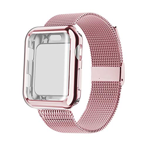 Product Cover YC YANCH Compatible with Apple Watch Band 42mm with Case, Stainless Steel Mesh Loop Band with Apple Watch Screen Protector Compatible with iWatch Apple Watch Series 1/2/3/4/5 (42mm Rose Gold)