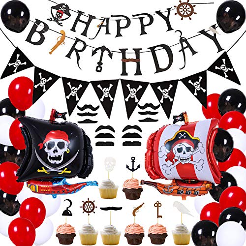 Product Cover Pirate Birthday Party Decorations for Kids Pirate Theme Party Supplies Birthday Party Baby Shower Pirate Happy Birthday Banner Pirate Balloons Mustaches Cupcake Toppers for Boys Children 1st 2nd 3rd 4th Birthday Supplies