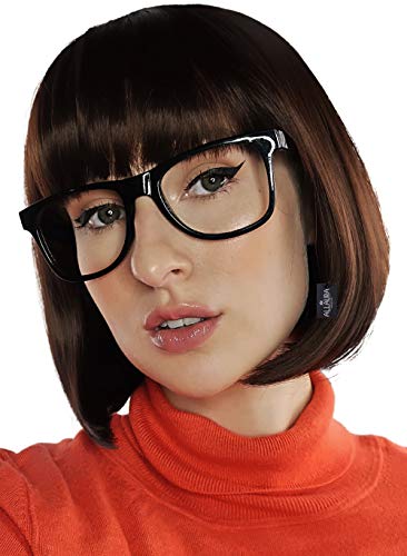 Product Cover Brown Bob & Black Glasses Costume Set Cosplay Flapper Wigs with Bangs Fits Womens & Girls
