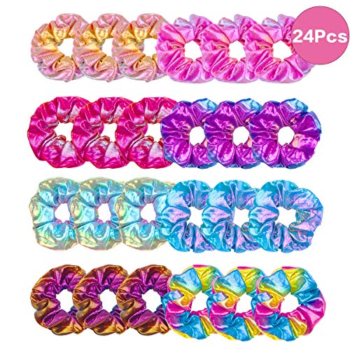 Product Cover Hair Scrunchies for Girls,24 Pack Shiny Metallic Scrunchies Hair Ties Scrunchy Hair Band Hair Accessories For Women,Girl(Come With a Free Gift Pouch) (24Pcs-Shiny)