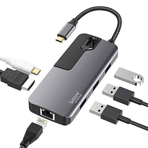 Product Cover USB C Hub Adapter - 6 in 1 USB C Adapter for MacBook Pro USB C to USB, Multi-Ports Mac Dongle with 4K HDMI, 3 USB 3.0 Ports, RJ45 Ethernet Port, USB C Power Pass-Through Por for Type C