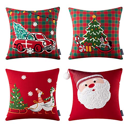 Product Cover Phantoscope Christmas Pillow Covers Cotton Embroidered Santa, Tree, Car and Reindeer Red and Green Buffalo Plaid Checkers Xmas Decorative Throw Pillows Pack of 4, 18 x 18 inches 45 x 45 cm