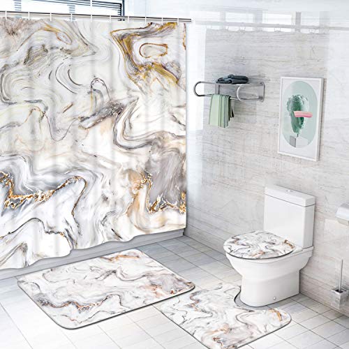 Product Cover Krelymics 4 Piece Marble Texture Shower Curtain Sets with Non-Slip Rugs, Toilet Lid Cover and Bath Mat, Natural Marble Shower Curtain with 12 Hooks, Durable Waterproof Shower Curtain