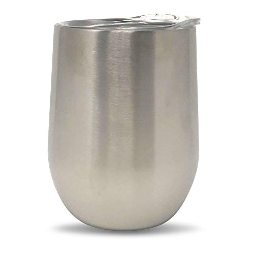 Product Cover CSBD Stemless Wine Tumbler with Lid and Reusable Straw, 12 ounce, Insulated Stainless Steel Double Walled Drink Cup, Includes Cleaning Brush (Silver, 1 Pack)