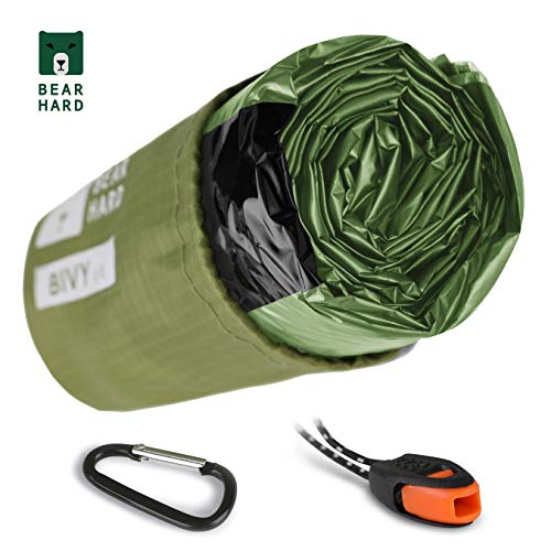Product Cover Bearhard Emergency Sleeping Bag Emergency Bivy Sack Ultralight Waterproof Thermal Survival Bivvy Cover with Heat Retention for Camping, Hiking & Emergency Shelter Green