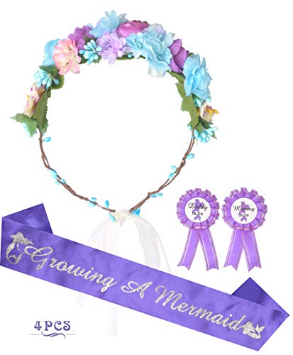 Product Cover Mother to Be Flower Crown Purple Set, Growing a Mermaid Sash and Mommy to be Pin, Dad to Be Pin, Purple Baby Shower Party Favors Decorations Gift for Girl