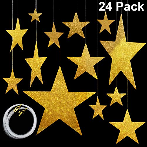 Product Cover Maitys 24 Pieces Hanging Star Cutouts with 4 Sizes (6cm/12cm/20cm/30cm) Shining Finish Star Yard Decorations Party Decor with 50 m Nylon Beading Fishing Line (Gold)