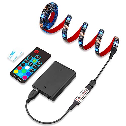Product Cover Led Strip Lights Battery Powered, RGB led Strip with RF Remote, Waterproof, 4 AA Batteries, Underglow Light for Longboard, Skateboards and Scooter, Bicycle, TV (1x 3.28ft) (5050 RGB, 1x 3.28ft)