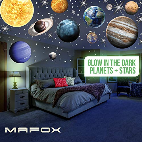 Product Cover MAFOX Glow in The Dark Planets, Bright Solar System Wall Stickers -Sun Earth Mars and so on,9 Glowing Ceiling Decals for Bedroom Living Room,Shining Space Decoration for Kids for Girls and Boys