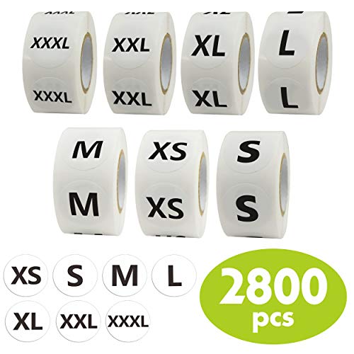 Product Cover 2800 PCs Clothing Size Round Sticker Labels in Full 7 Sizes (XS, S, M, L, XL, XXL, XXXL) with Perforation Line, 7/8