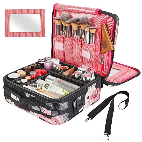 Product Cover Kootek Travel Makeup Bag 2 Layer Portable Train Cosmetic Case Organizer with Mirror Shoulder Strap Adjustable Dividers for Cosmetics Makeup Brushes Toiletry Jewelry Digital Accessories (Flower)