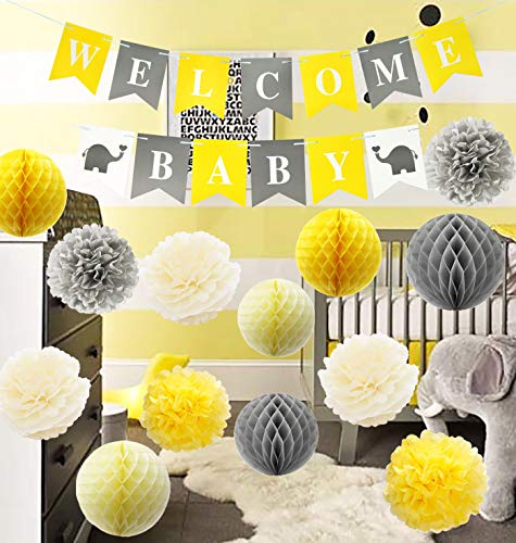 Product Cover Furuix Yellow Grey Elephant Baby Shower Decorations Gray and Yellow Nursery Decor Honeycomb Balls Welcome Baby Banner Yellow and Gray Baby Shower Decorations - Gender Neutral Baby Decor